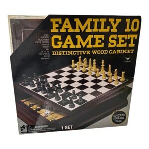 New Cardinal Classic Family 10 Game Set Wood Storage Cabinet Chess Checkers